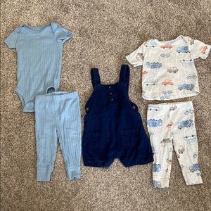 Vehicles and Blue Ribbed soft pants and t shirt set and overalls baby boy bundle